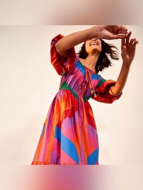 FARM Rio AMANDA STRIPES MIDI - Multicolor Red Orange Blue Puff-Sleeve Maxi Dress